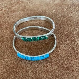 X2 Vintage Mexico faux? Turquoise & Malachite Silver Bracelet Duo